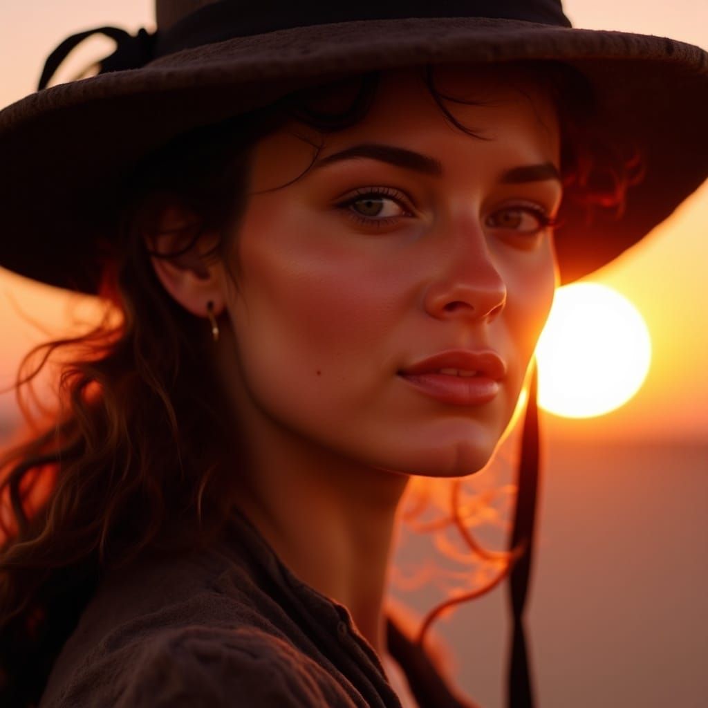 Scarlett O'Hara at Sunset, Framed by Wide-Brimmed Hat