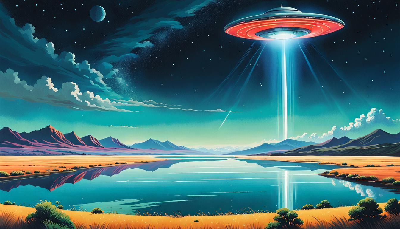 UFO Over Vast Landscape in Gouache and Oil