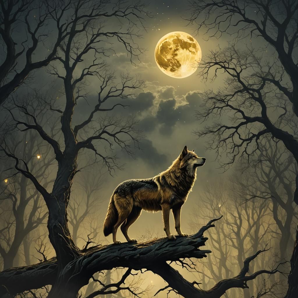 Golden Moonlit Night: Lone Wolf Howling