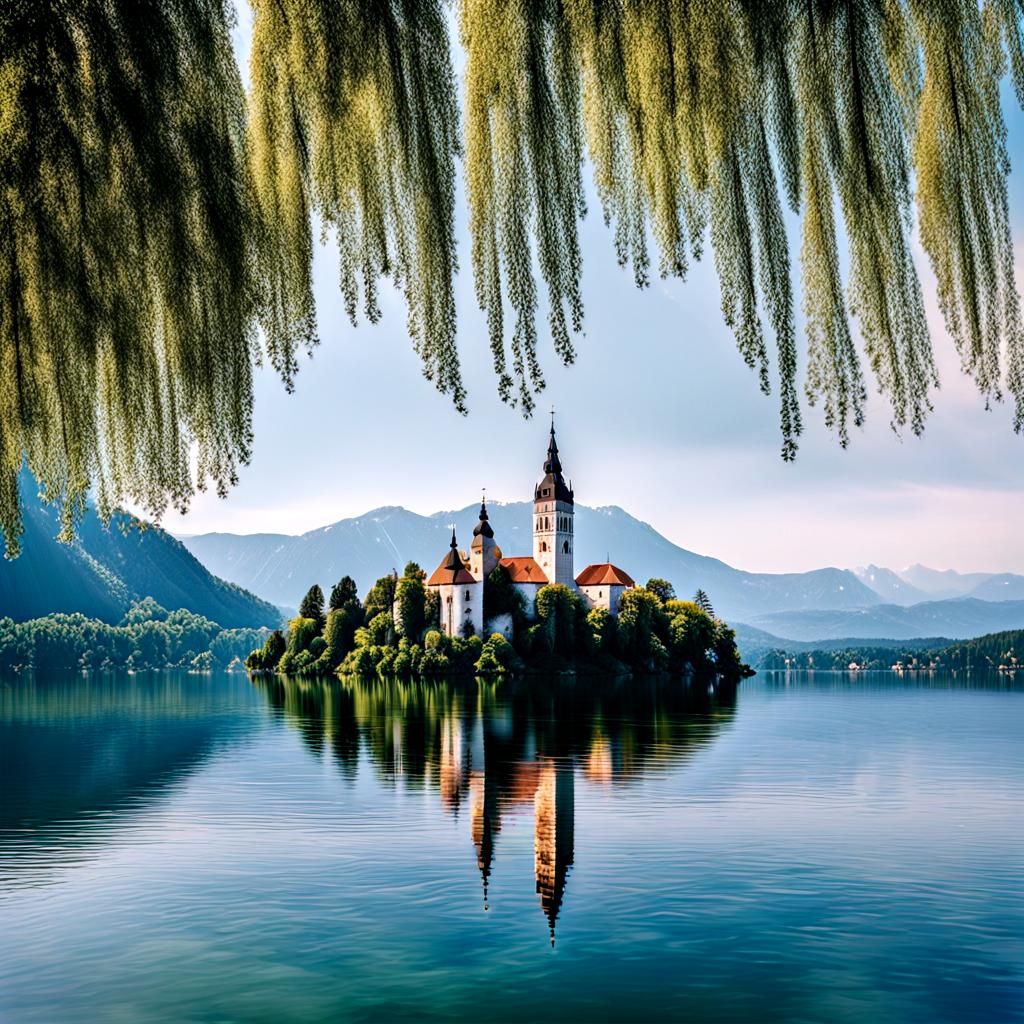 Lake Bled Island Church Reflection in Summer