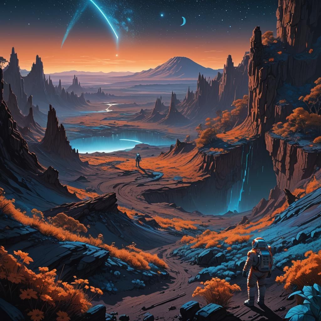 Astronaut and Alien Forest, Matte Painting Style