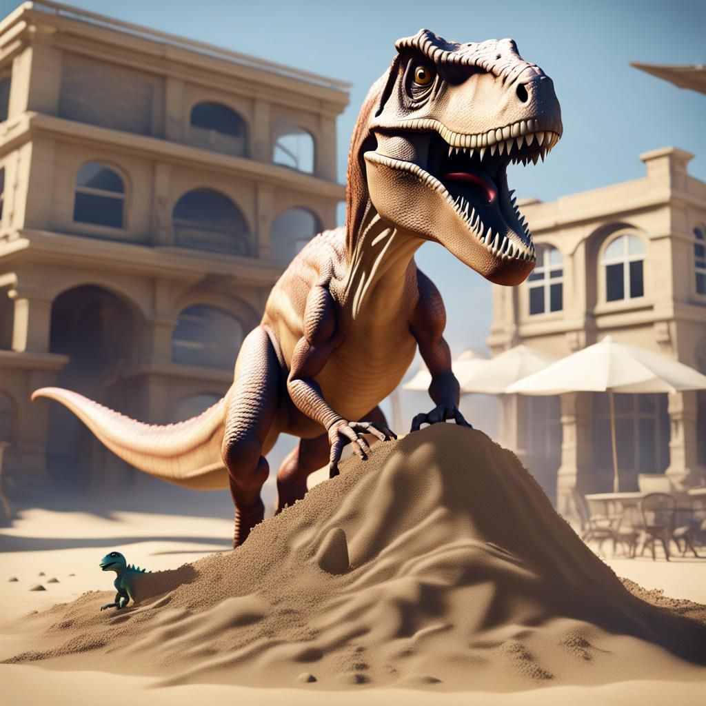 Hyperrealistic Dinosaurs Build Sandcastle: 3D Rendering