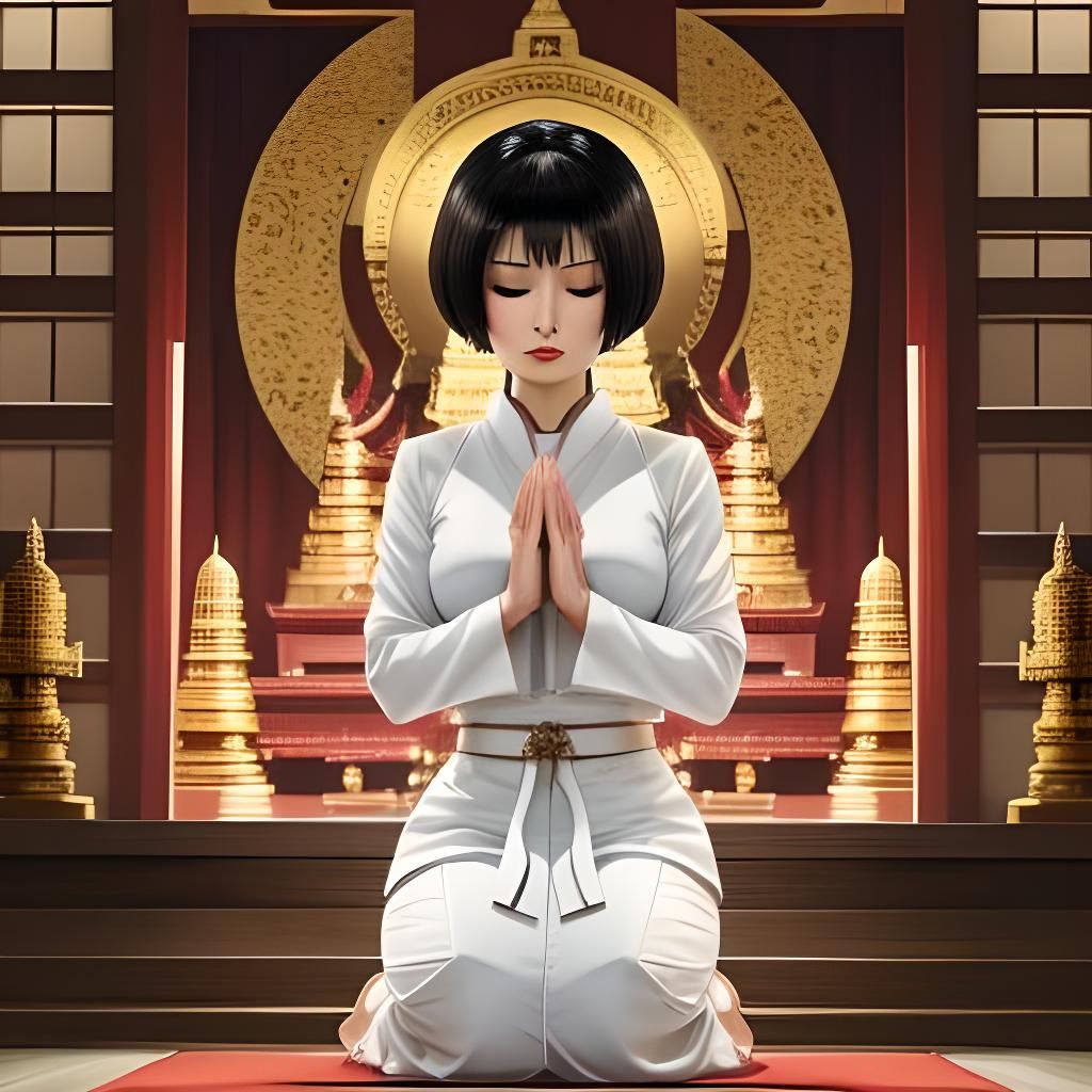Anime Woman Praying in Thailand Temple