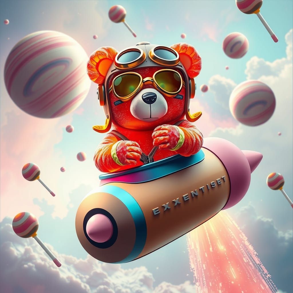 Gummy Bear Pilot Soaring Through Candy Nebula