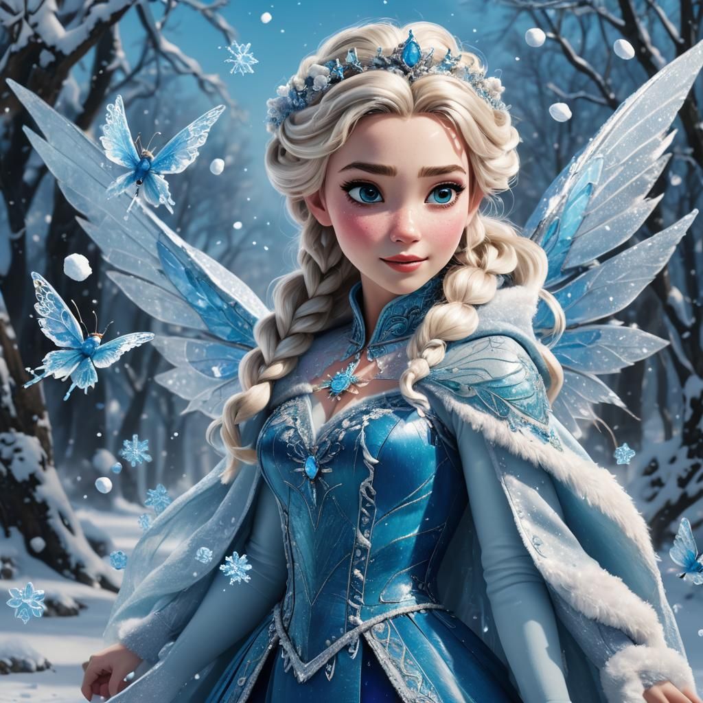 Queen Elsa as an Ice Fairy in Hyperrealistic Style