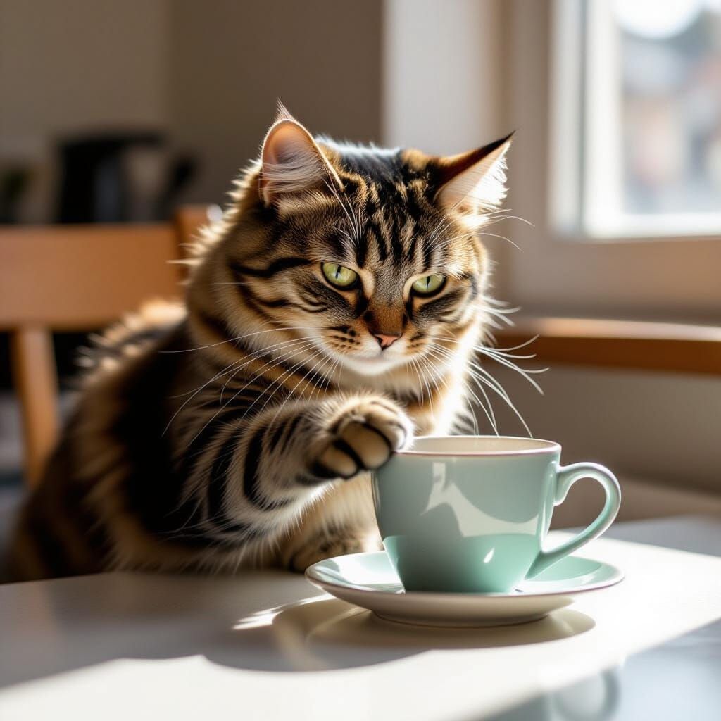 Mischievous Cat Knocks Cup Off Table