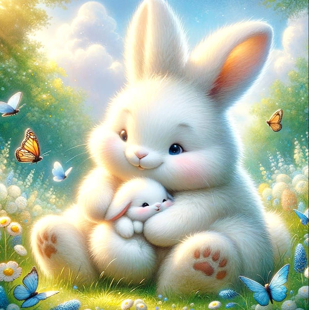 Dreamy Watercolour Rabbits in Springtime Meadow