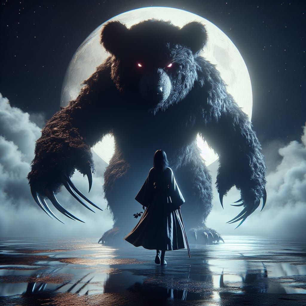 Japanese Woman and Menacing Teddy Bear in Moonlight