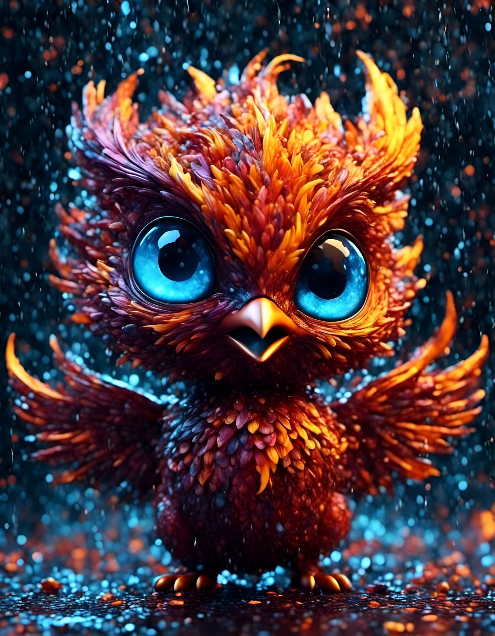 Psychedelic Chibi Social Puppet in Digital Cubist Rain