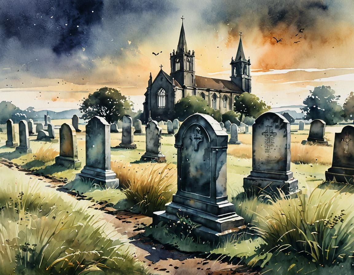 Weathered Gravestones and Ruined Church in Watercolour