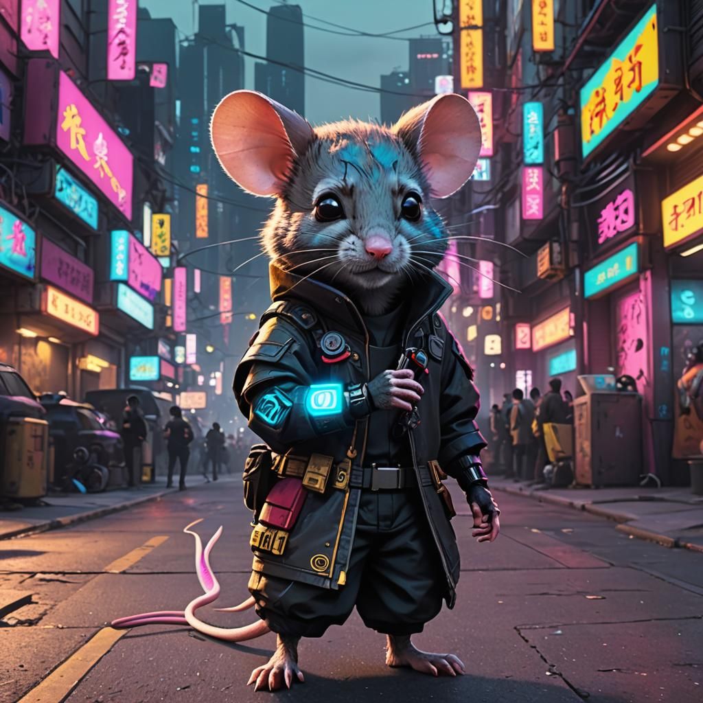 Cyberpunk Shinobi Mouse on Neon Street