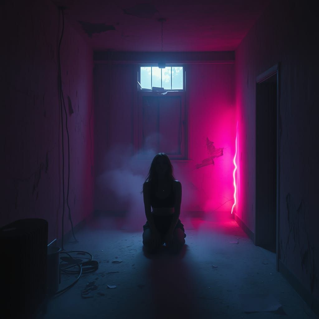 Cyberpunk Decay: Eerie Figure in Burning Room