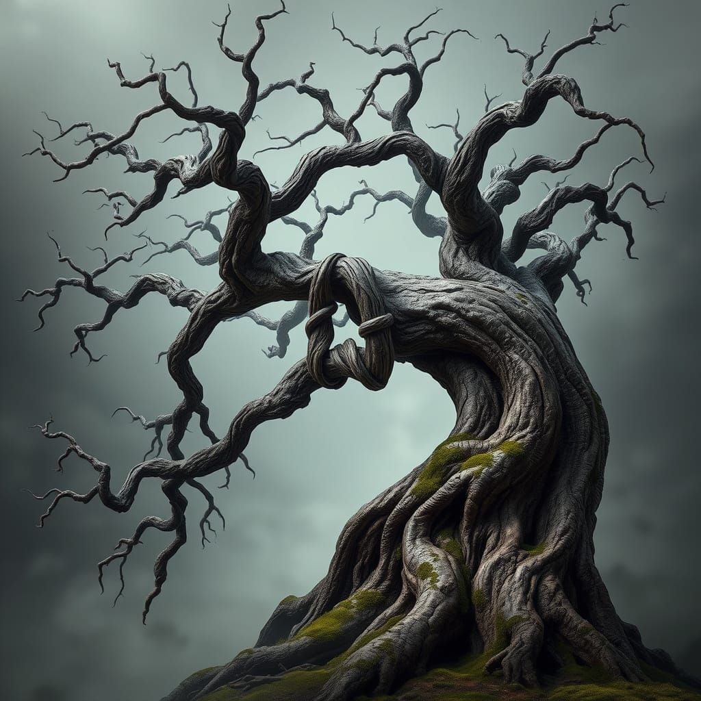 Ancient Tree with Upside-Down Triangle of Knots in Earthy To...