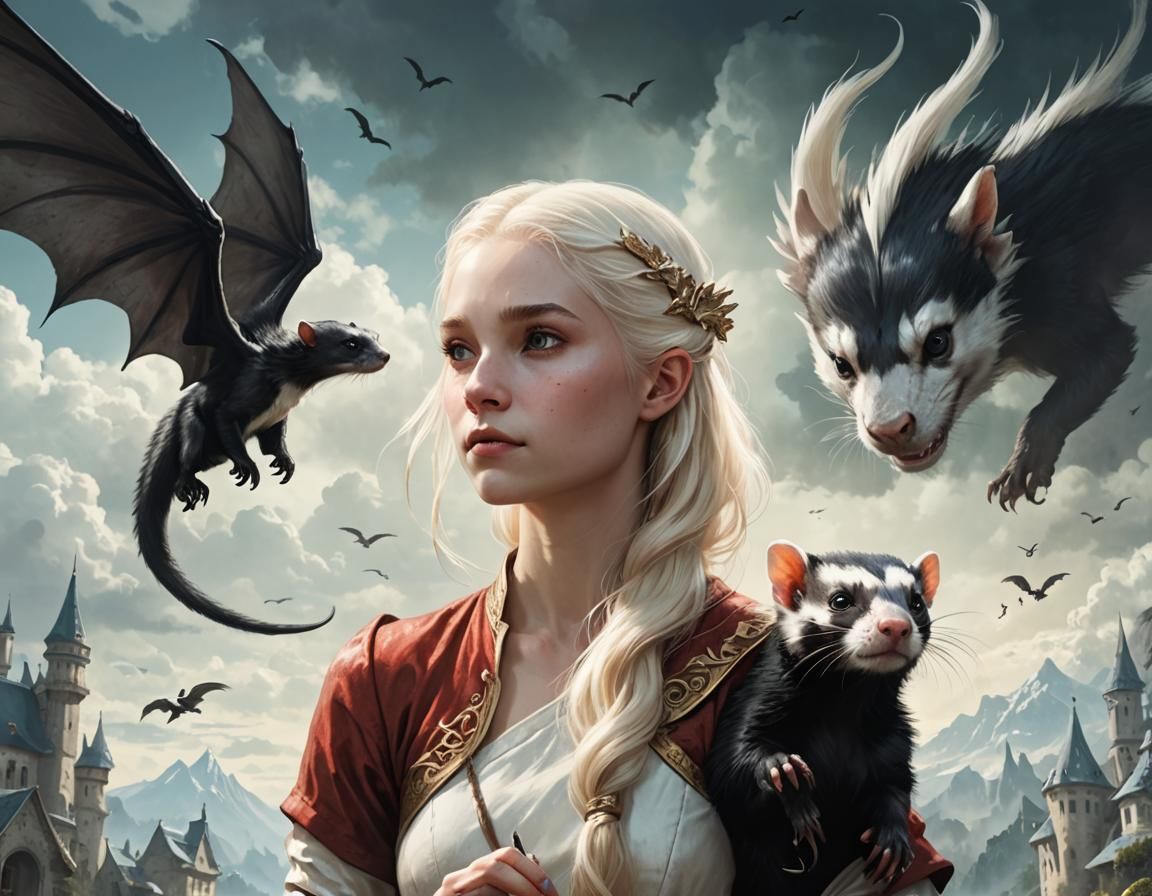 Fantasy Book Cover with Dragon and Ferrets