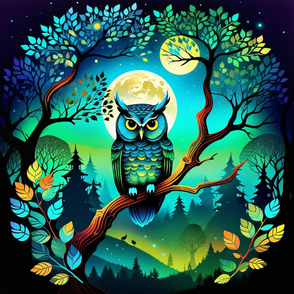 Twilight Owl in Haunted Grove: Watercolor Art