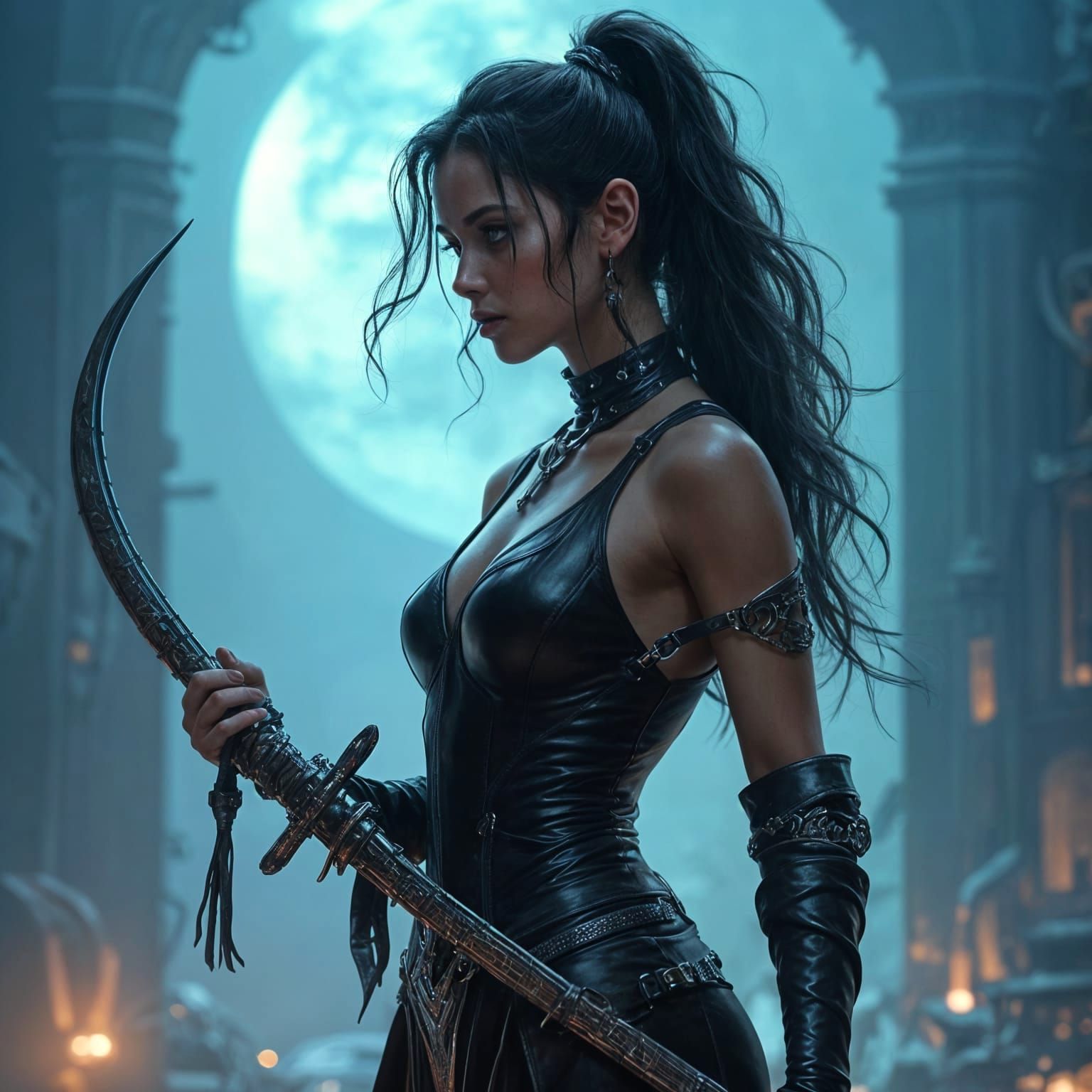 Ethereal Dark Fantasy Warrior in Shimmering Black Leather