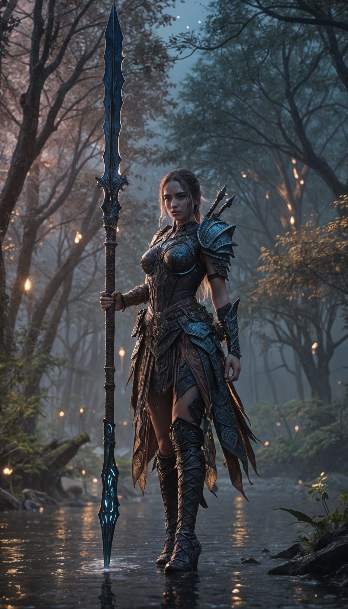 Fantasy Heroine in Bioluminescent Forest: Digital Render
