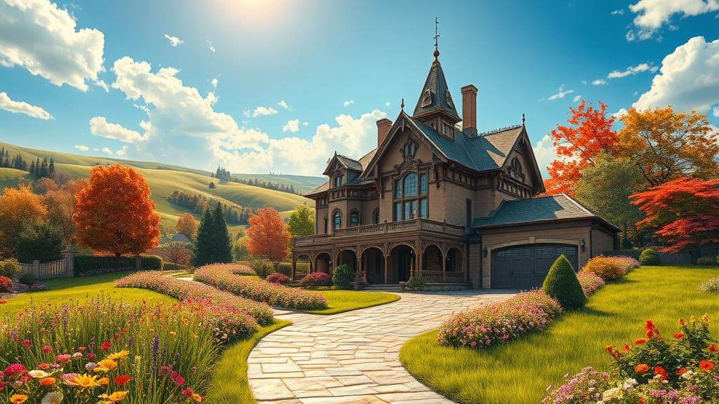 Victorian House Among Rolling Hills in Painterly Style