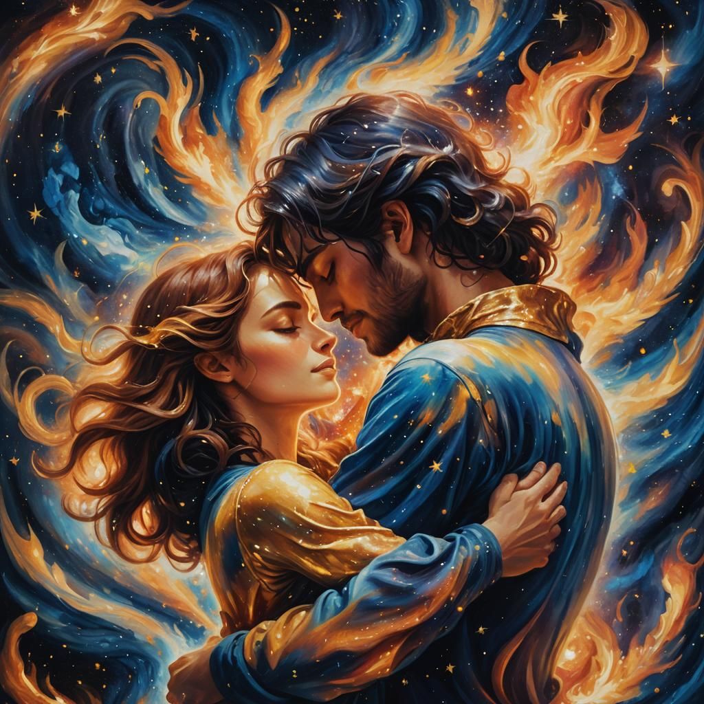 Cosmic Twin Flames Embrace in Starry Universe