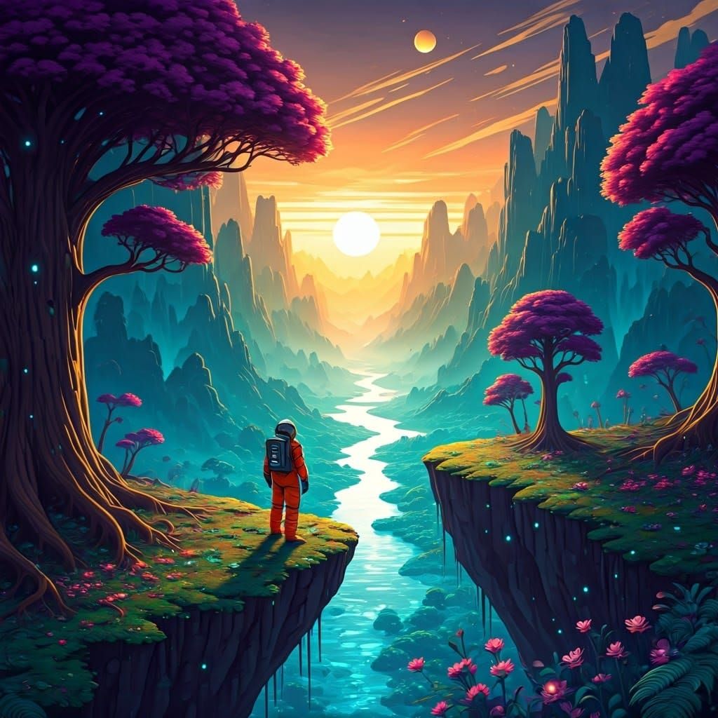 Astronaut Gazing at Alien Landscape in Graffiti Art Style