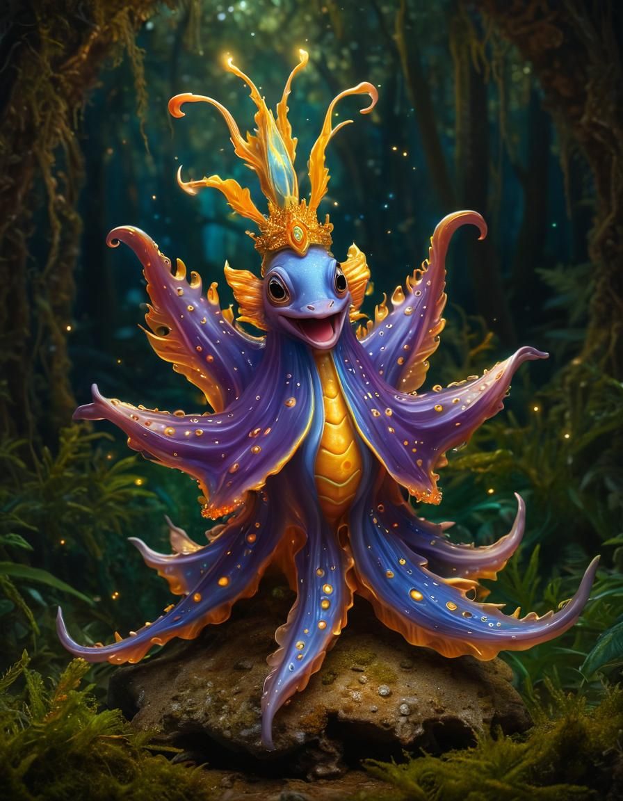 Smiling Nudibranch Genie in Enchanting Forest
