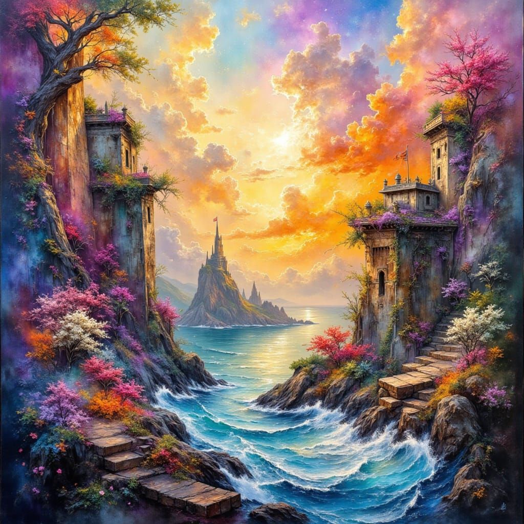 Surreal Oil Painting: Unicorns and Palaces Under the Stars