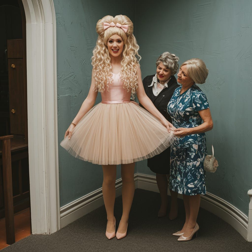 Embarrassed Young Man in Bridesmaid Dress at Church