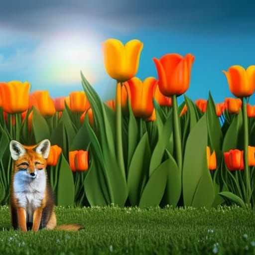 Golden Fox with Tulips: Fantasy Concept Art