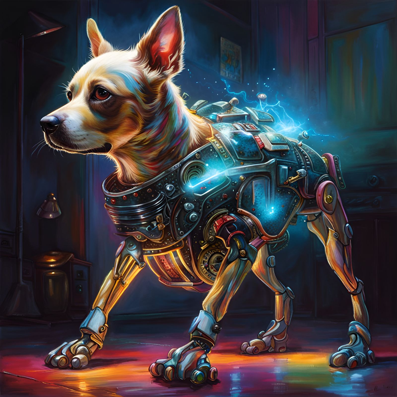 Futuristic Robot Dog Pet Fetch, Hyperrealistic Art