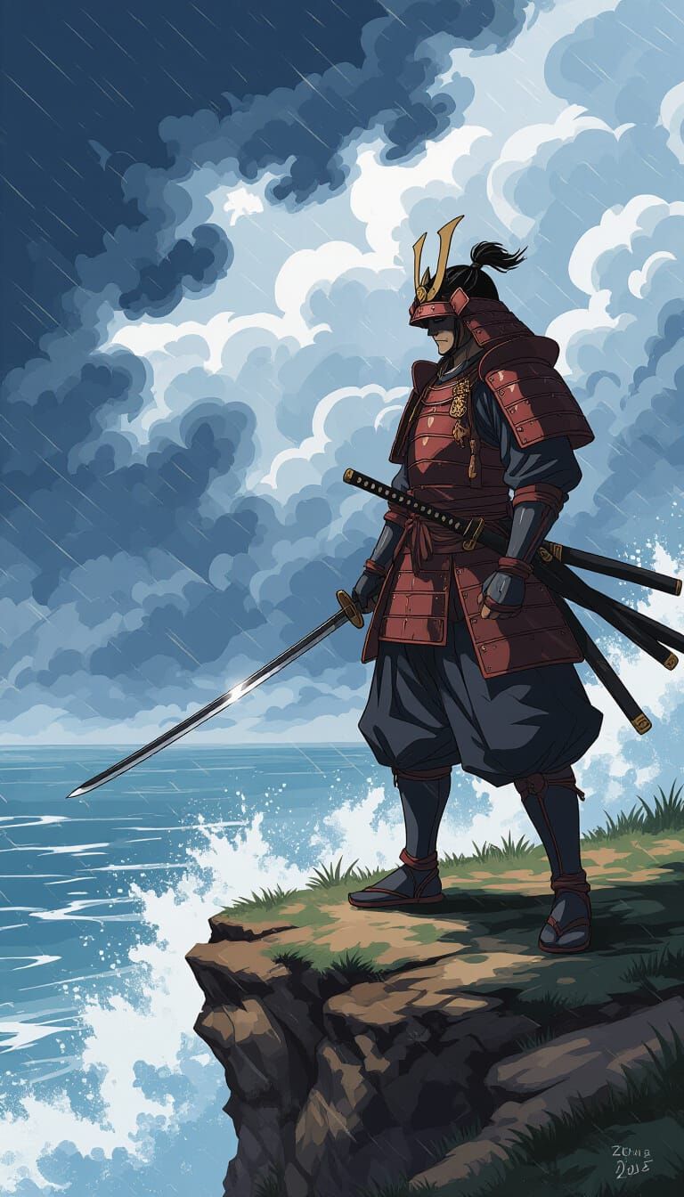 Ancient Samurai Warrior on Stormy Cliff in Manga Style