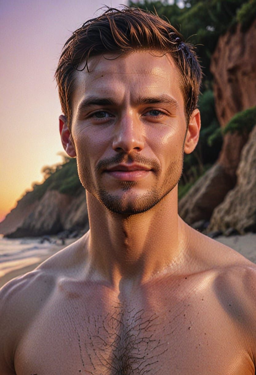 Hyperrealistic Beachcomber Captivates with Masculine Charm
