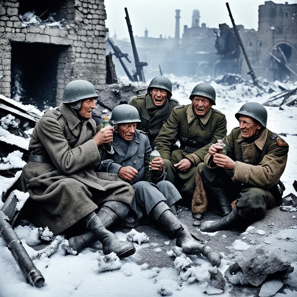 Stalingrad Siege: Ragged Soldiers by Fire in Winter