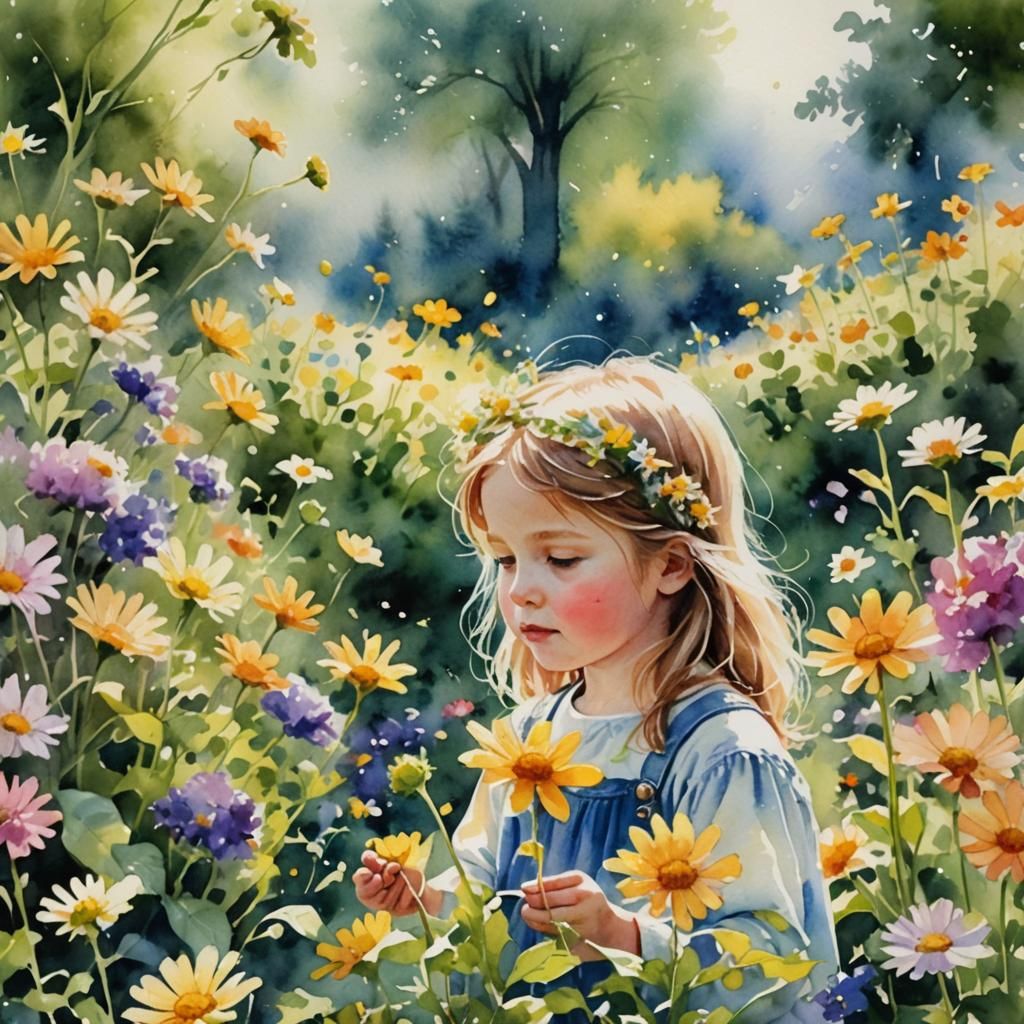 Child in Garden Gathering Flowers: Watercolor Splash