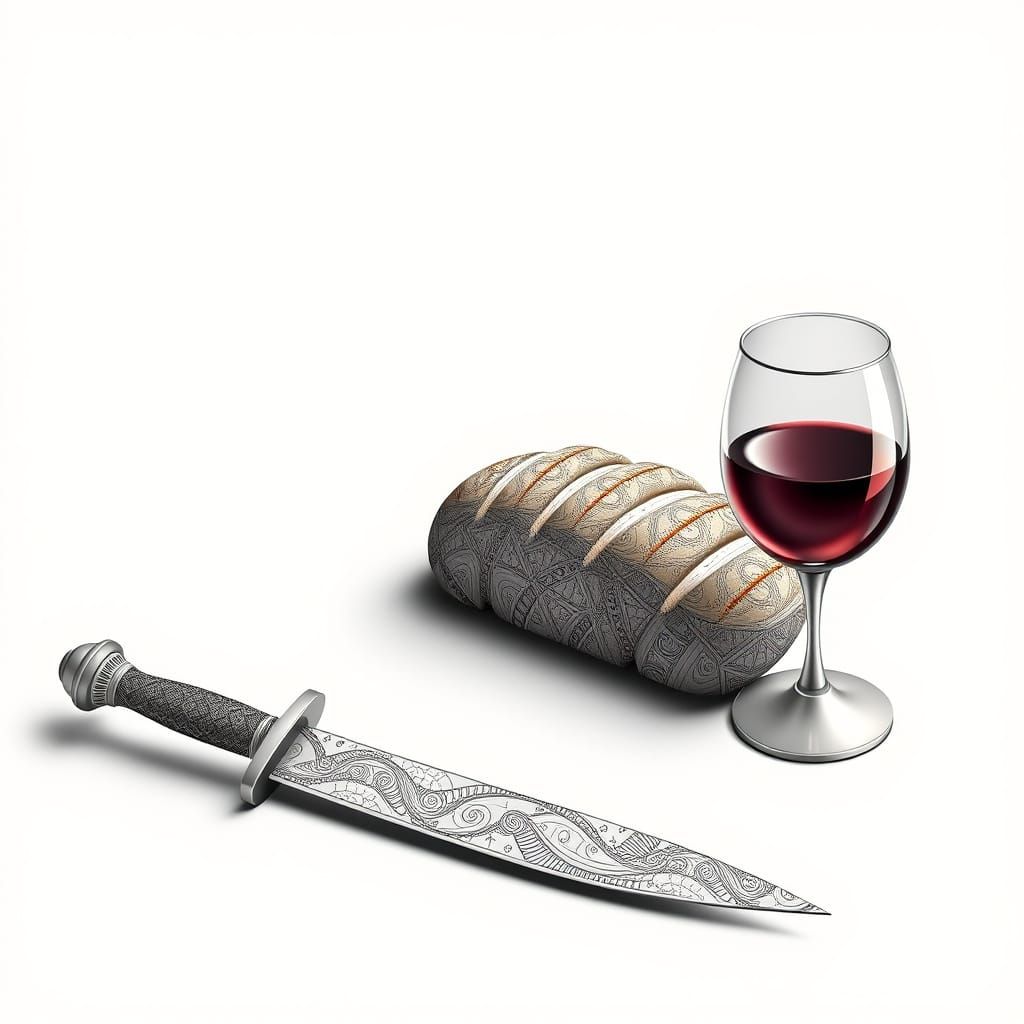 Still Life with Dagger, Bread, and Wine in Abstract Style