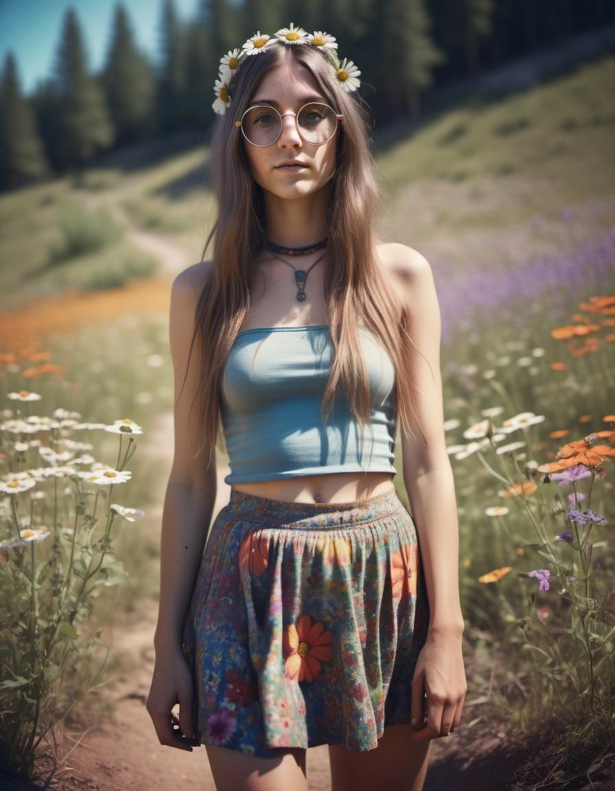 Hippie Girl with Wildflowers in 1960s Polaroid Style