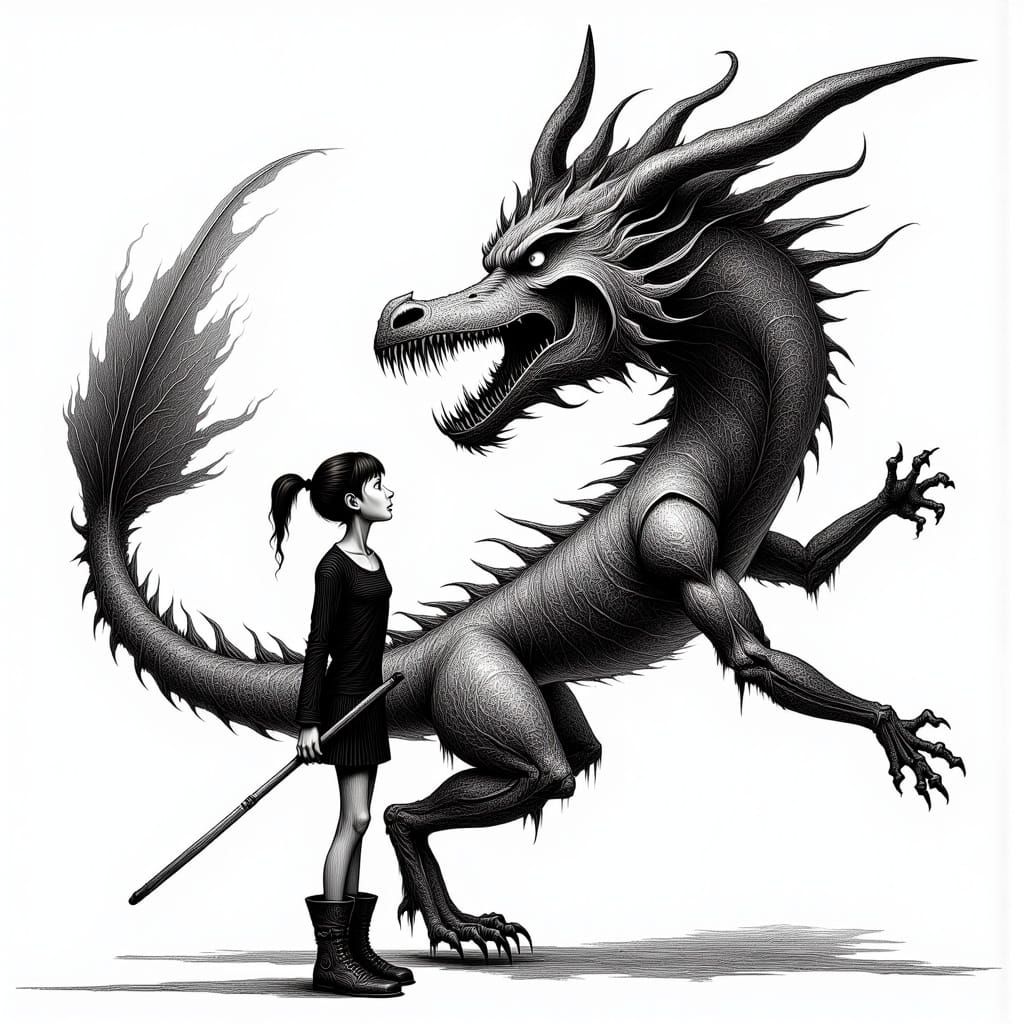Girl and Dragon Black and White Ink Drawing