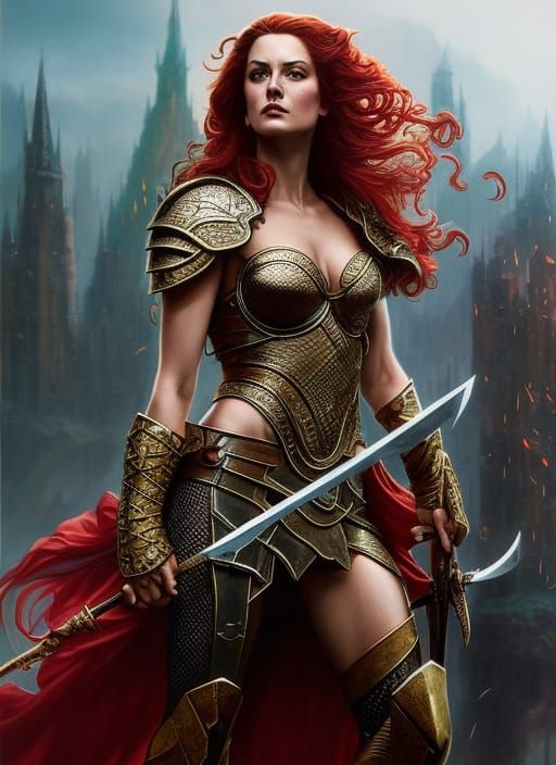 Red Sonja Ink Painting in a Dark Fantasy Style