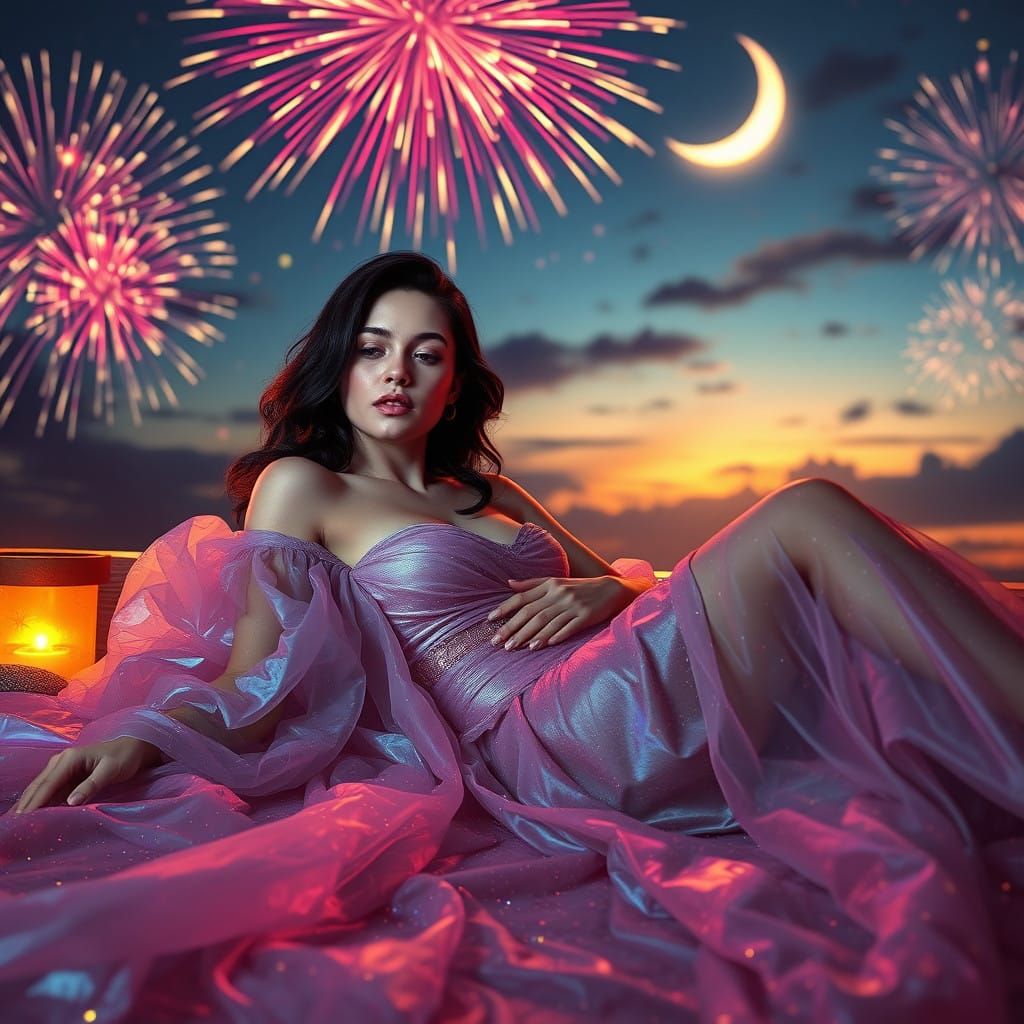Svelte Goddess Under Celestial Fireworks