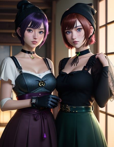 Vibrant Anime Goddesses Pose Under Golden Light