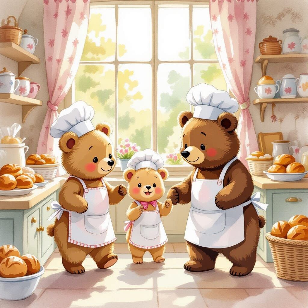 Anthropomorphic Bear Family Running Quaint Bakery as Waterco...