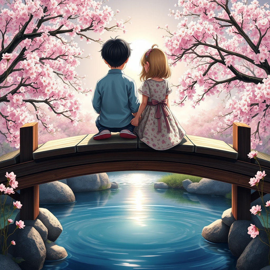 Japanese Garden Couple Holding Hands, Splash Art