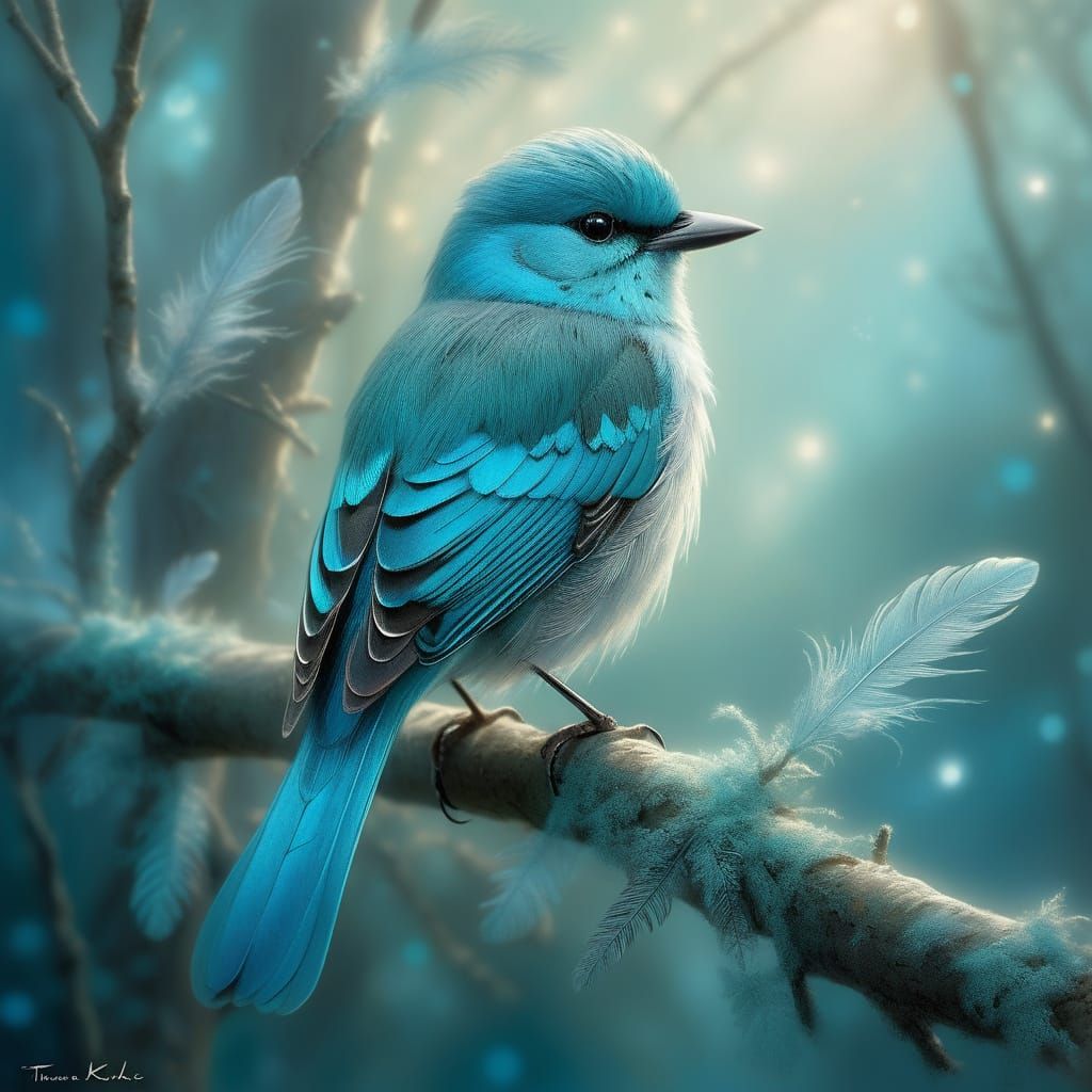 Whimsical Turquoise Bird Perches on Branch in Ethereal Fanta...