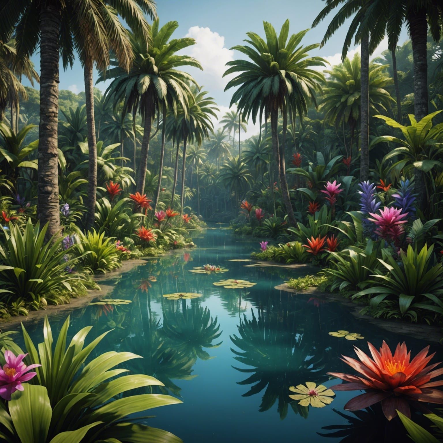 Lush Tropical Lagoon in Detailed Matte Painting Style