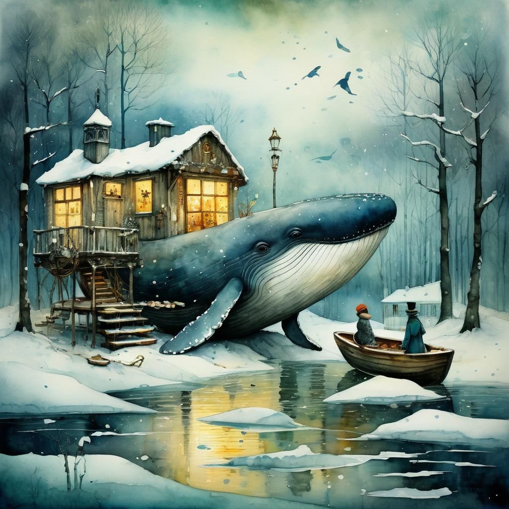 Whimsical Winter Whale Watercolor in Art Nouveau Style