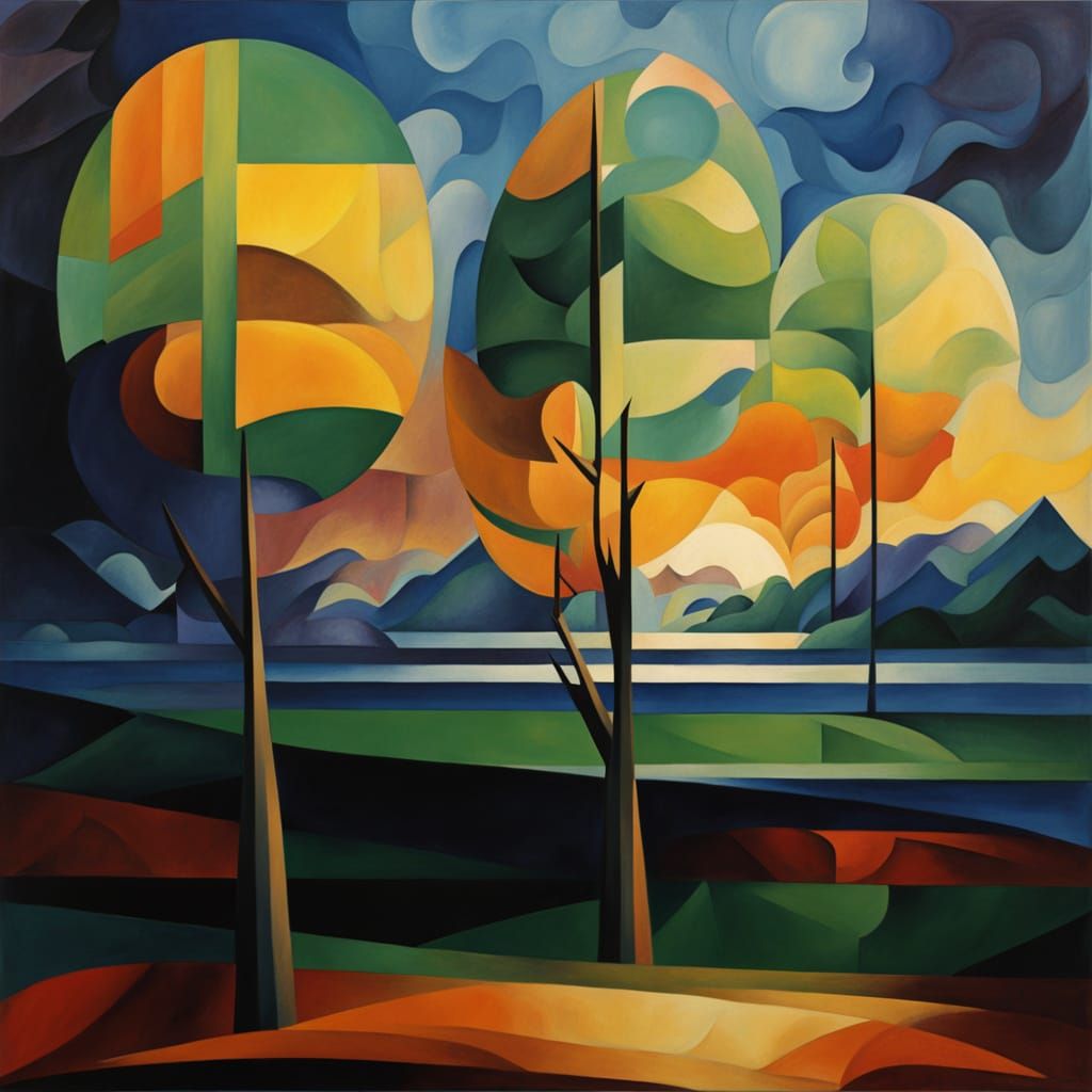 Transparent Tree by Sea in Abstract Cubism Style