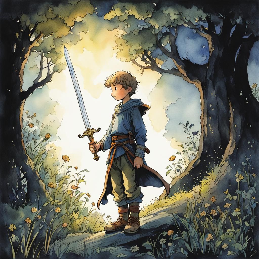 Boy with Glowing Sword Storybook Illustration