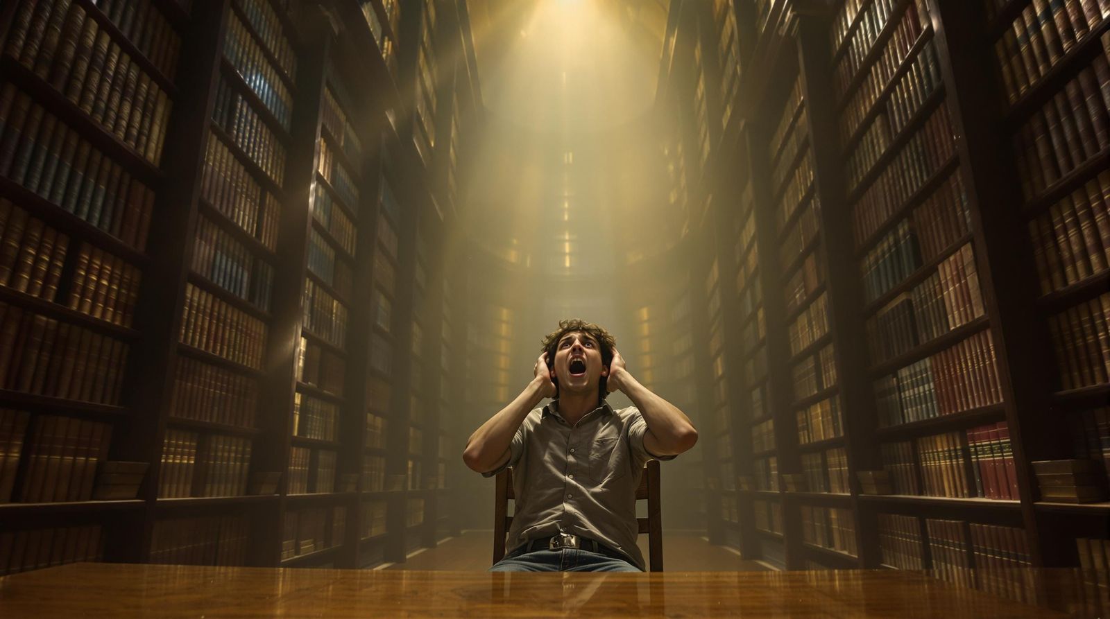 Terrified Student in Library of Screaming Books