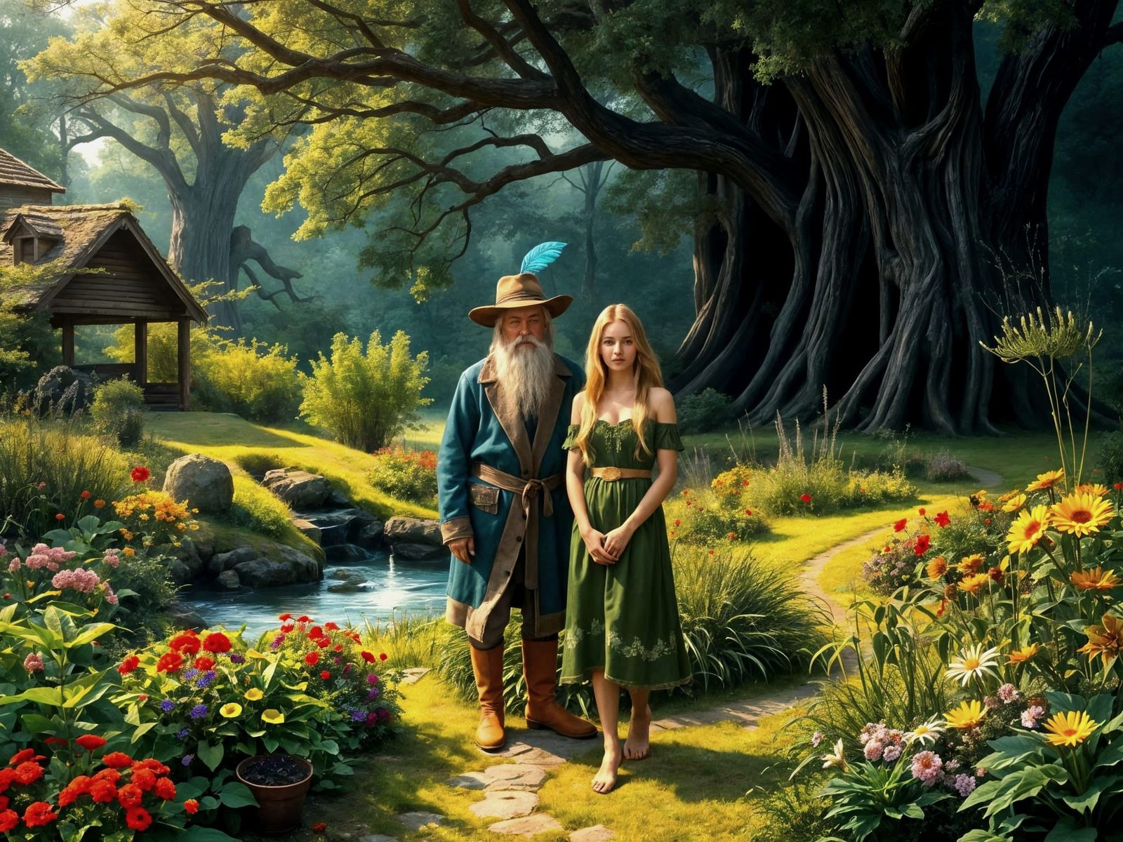 A Rustic Garden in a Sunlit Forest Clearing