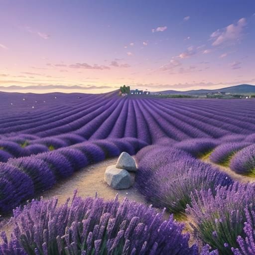 Heart-Shaped Stone in Lavender Field at Sunset