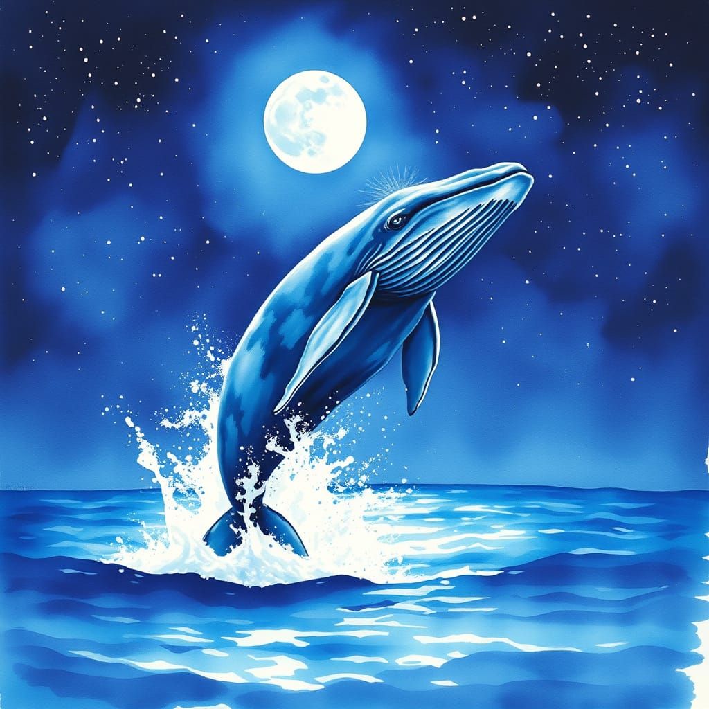 Majestic Blue Whale Leaps Under Starry Night Sky